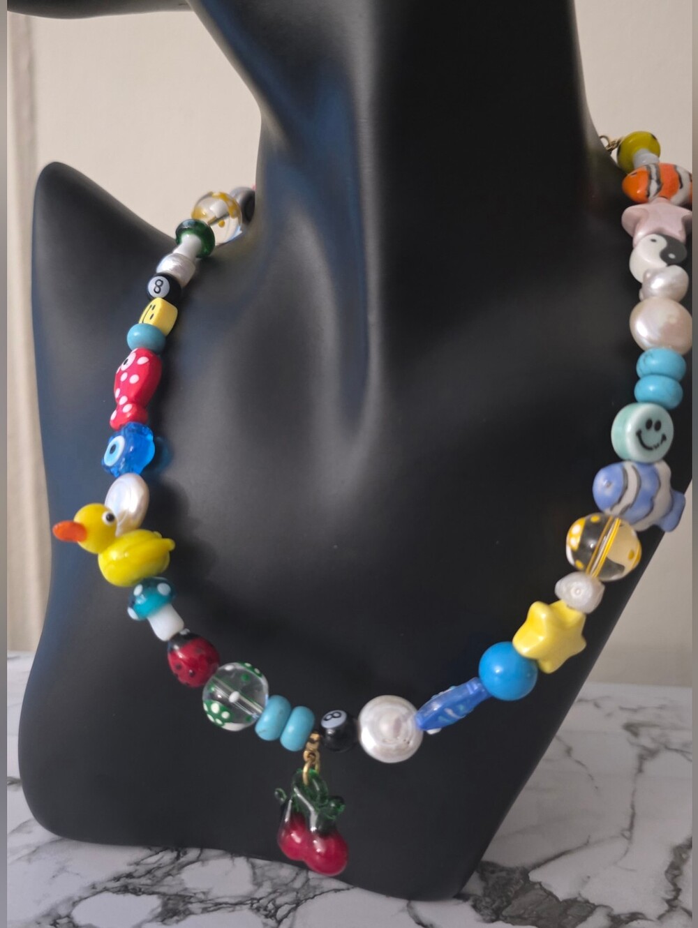 Colorful Beaded Charm Necklace with Cherry Pendant